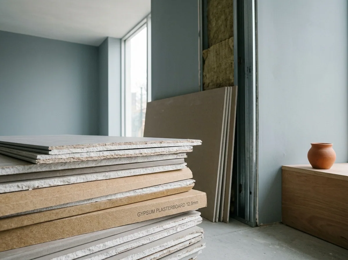 Plaques de plâtre Placo et Knauf empilées